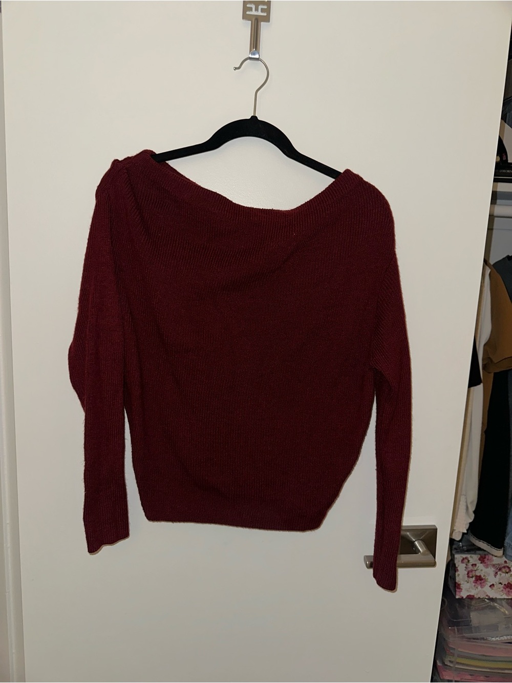 Astr Off-Shoulder Wine Red Knit Sweater